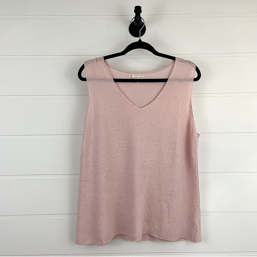 Eileen Fisher Sz L 100% Organic Linen Feminine V-neck Sleeveless Tank
